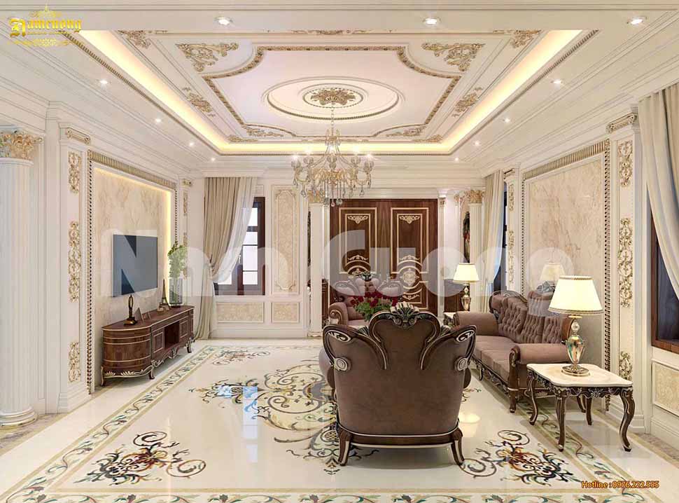 Thiết kế phòng khách 24m2 cho biệt thự tân cổ điển